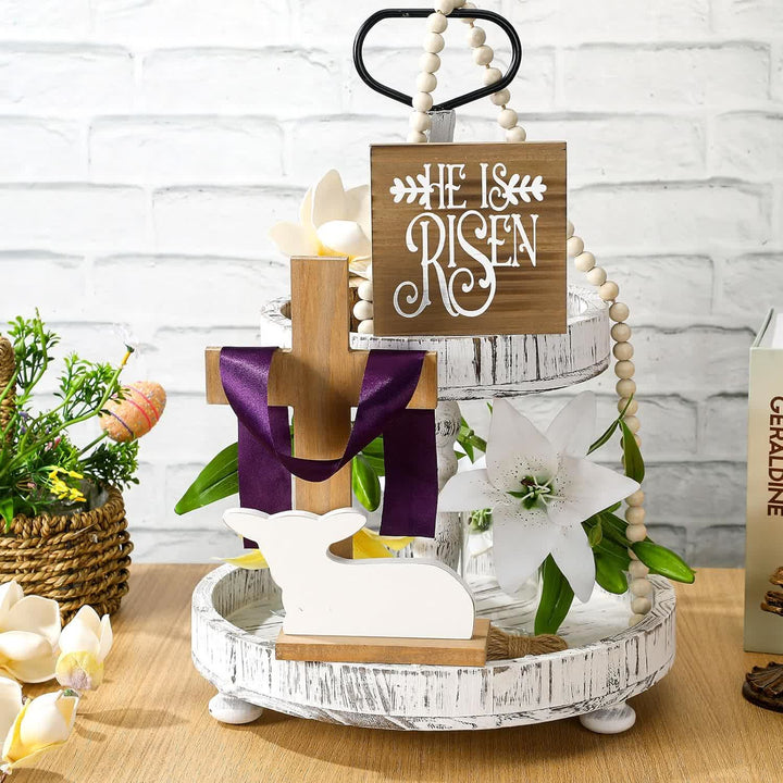 Christianartworkshop He is Risen Easter Tiered Tray Decor: A Joyful Celebration of Faith