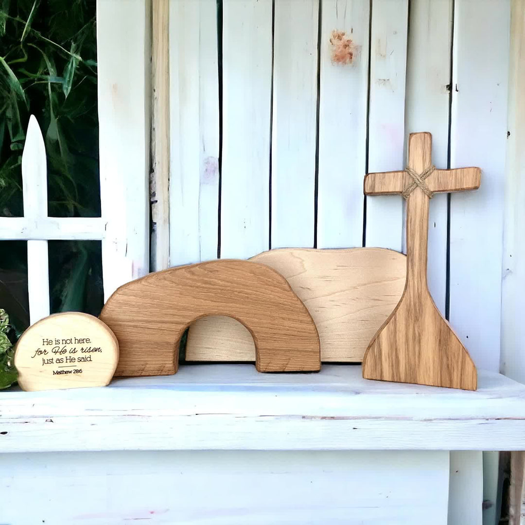 Christianartworkshop He is Risen: Rustic Wooden Easter Resurrection Decor Set with Scripture Wall Art