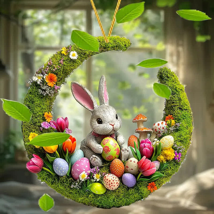 Christianartworkshop Springtime Delight: Enchanting Bunny & Floral Egg Easter Hanging Ornament