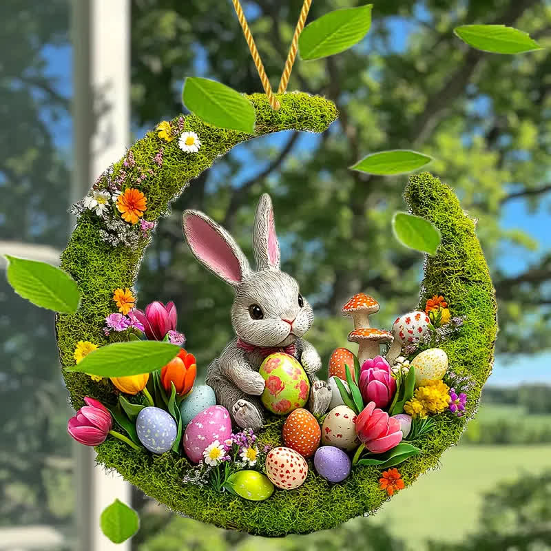 Christianartworkshop Springtime Delight: Enchanting Bunny & Floral Egg Easter Hanging Ornament