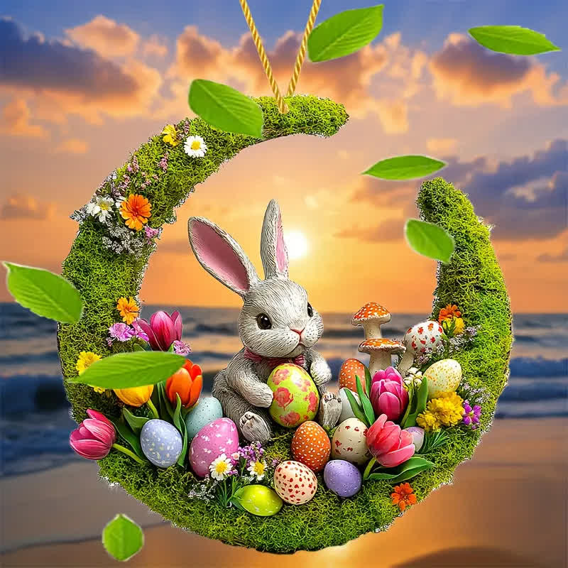 Christianartworkshop Springtime Delight: Enchanting Bunny & Floral Egg Easter Hanging Ornament