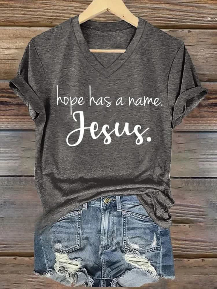 Christianartworkshop Hope Has A Name Jesus Printed V-neck T-shirt