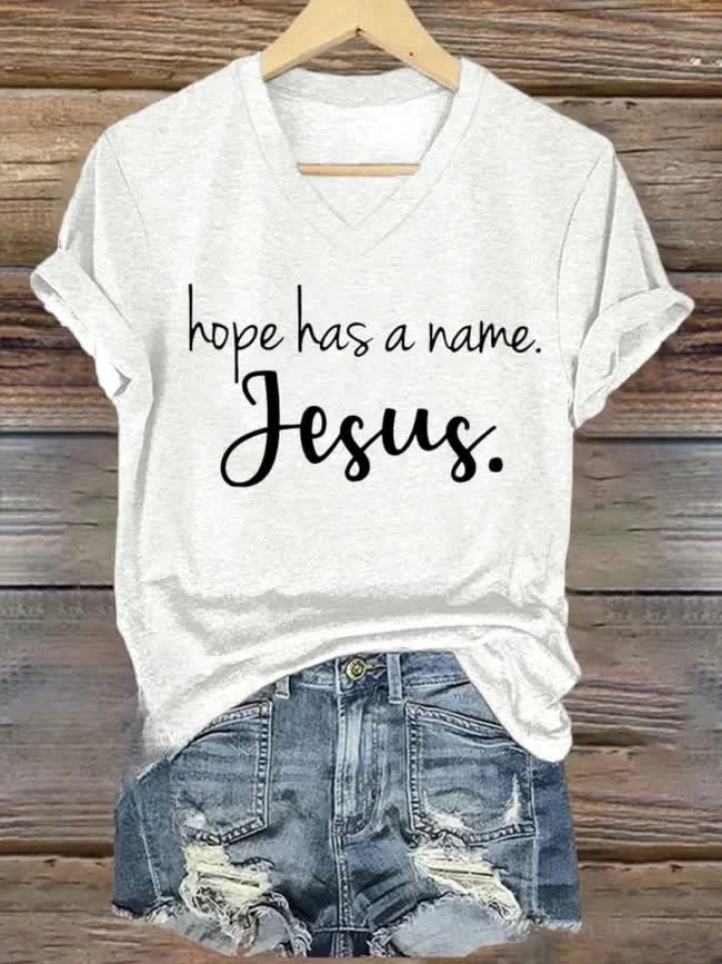 Christianartworkshop Hope Has A Name Jesus Printed V-neck T-shirt