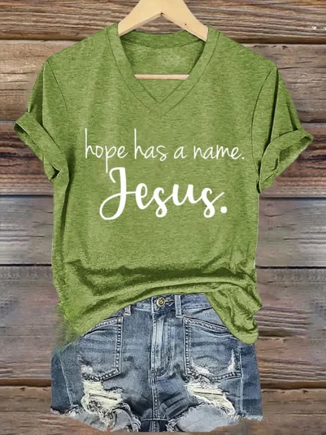 Christianartworkshop Hope Has A Name Jesus Printed V-neck T-shirt