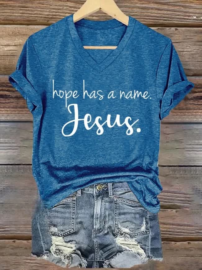 Christianartworkshop Hope Has A Name Jesus Printed V-neck T-shirt