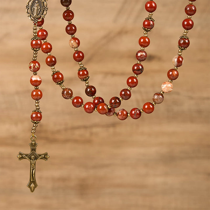 Christianartworkshop Handmade 8mm Red Jasper Gemstone Rosary with Miraculous Medal & Crucifix