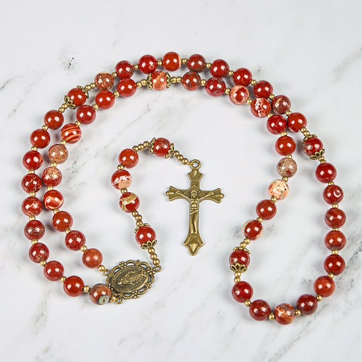 Christianartworkshop Handmade 8mm Red Jasper Gemstone Rosary with Miraculous Medal & Crucifix