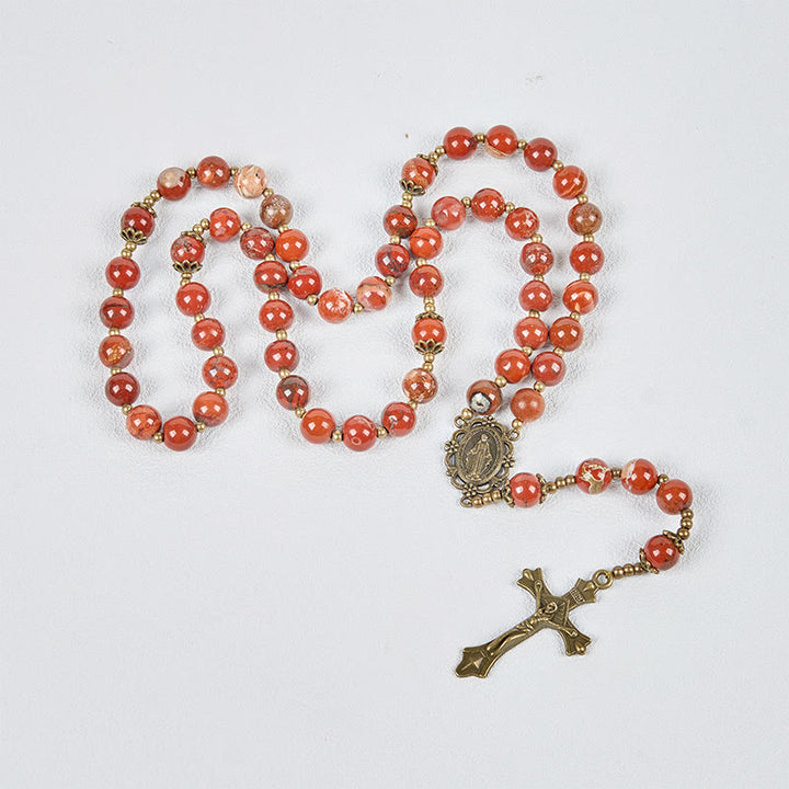 Christianartworkshop Handmade 8mm Red Jasper Gemstone Rosary with Miraculous Medal & Crucifix