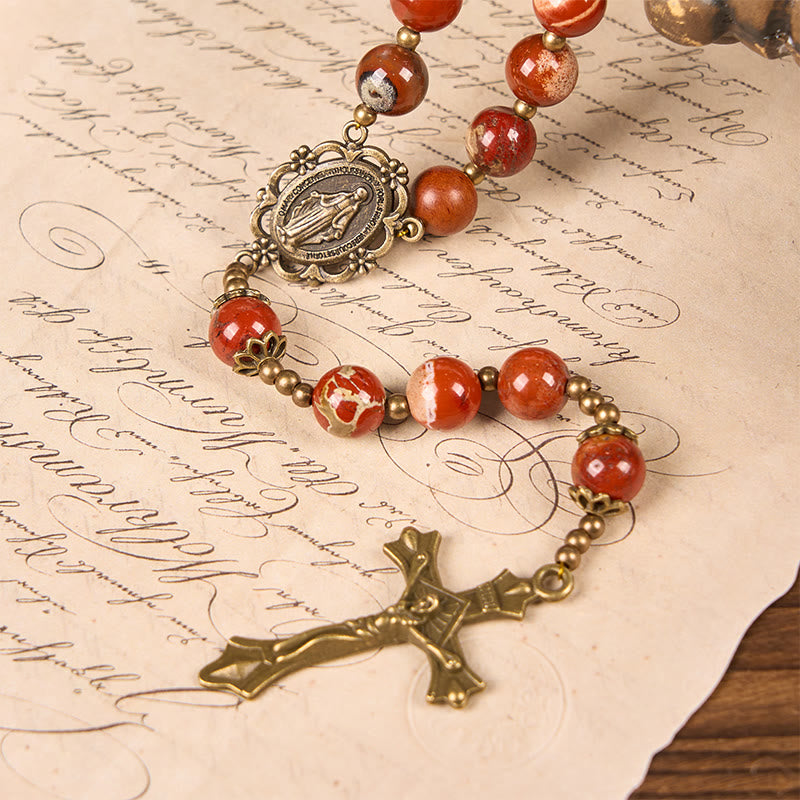 Christianartworkshop Handmade 8mm Red Jasper Gemstone Rosary with Miraculous Medal & Crucifix