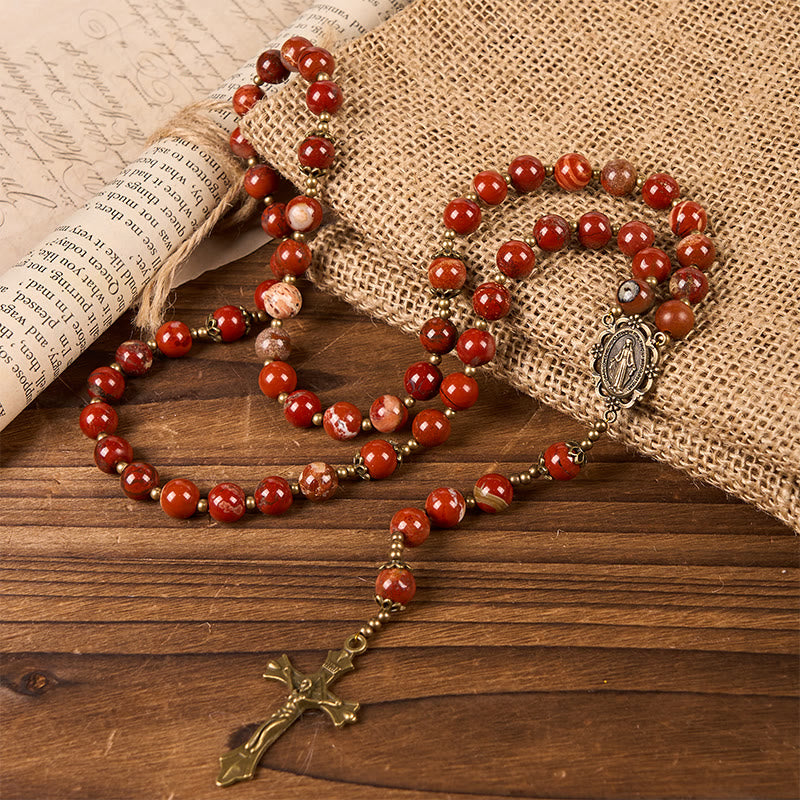 Christianartworkshop Handmade 8mm Red Jasper Gemstone Rosary with Miraculous Medal & Crucifix