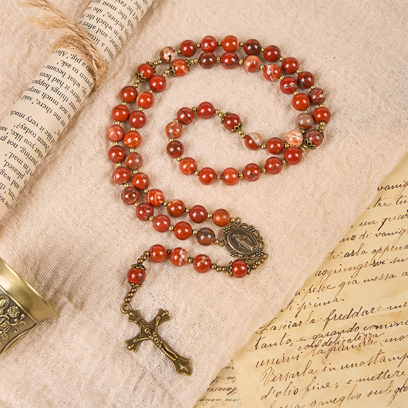 Christianartworkshop Handmade 8mm Red Jasper Gemstone Rosary with Miraculous Medal & Crucifix