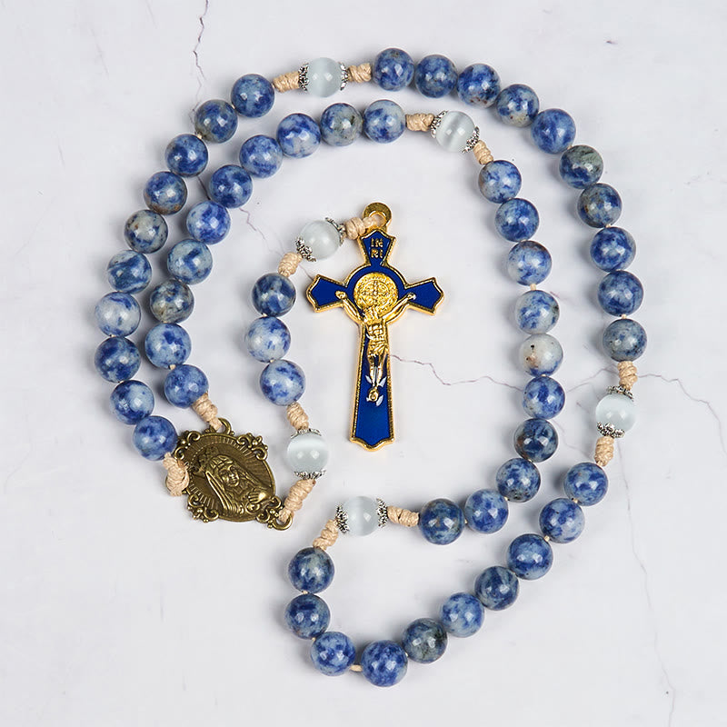 FREE Today: Immaculate Heart of Mary & Crucifix of 8 mm Round Blue Stone Nylon Cord Rosary