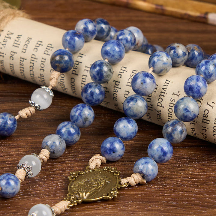FREE Today: Immaculate Heart of Mary & Crucifix of 8 mm Round Blue Stone Nylon Cord Rosary