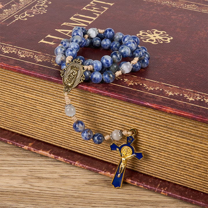 FREE Today: Immaculate Heart of Mary & Crucifix of 8 mm Round Blue Stone Nylon Cord Rosary