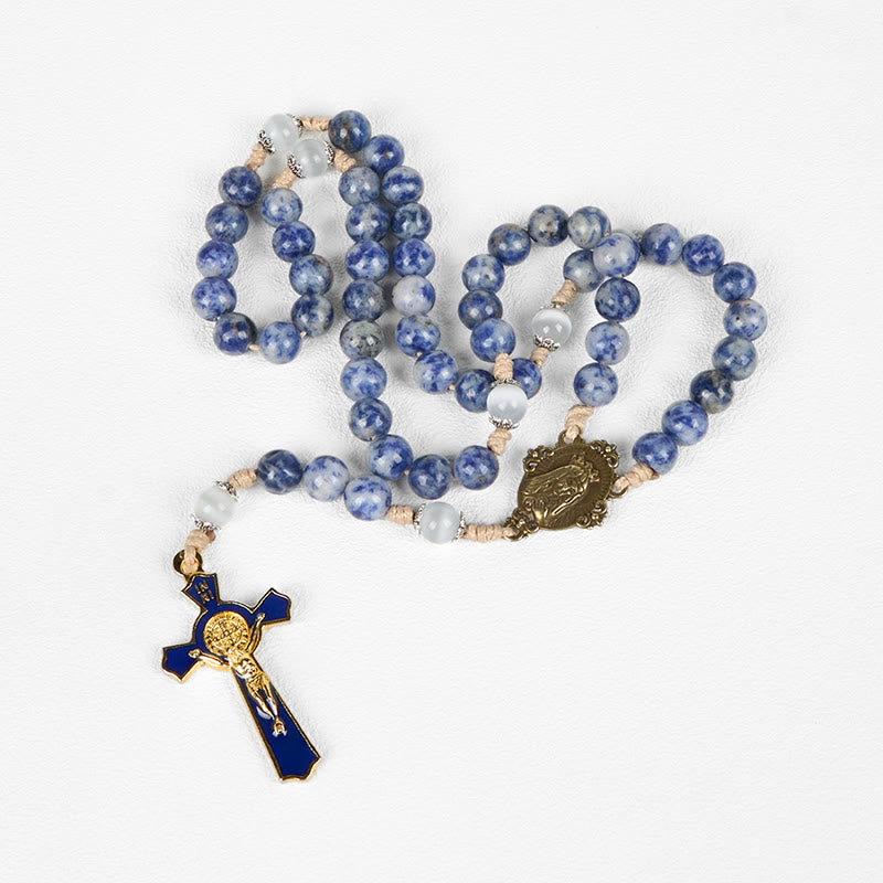 Immaculate Heart of Mary & Crucifix of 8 mm Round Blue Stone Nylon Cord Rosary