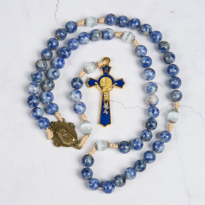 Immaculate Heart of Mary & Crucifix of 8 mm Round Blue Stone Nylon Cord Rosary