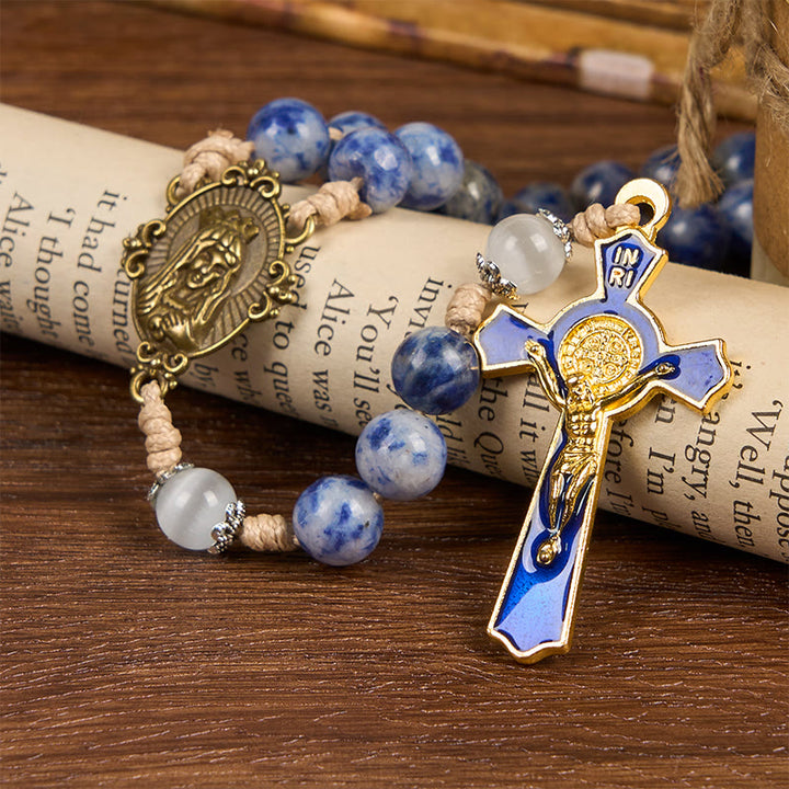 Immaculate Heart of Mary & Crucifix of 8 mm Round Blue Stone Nylon Cord Rosary