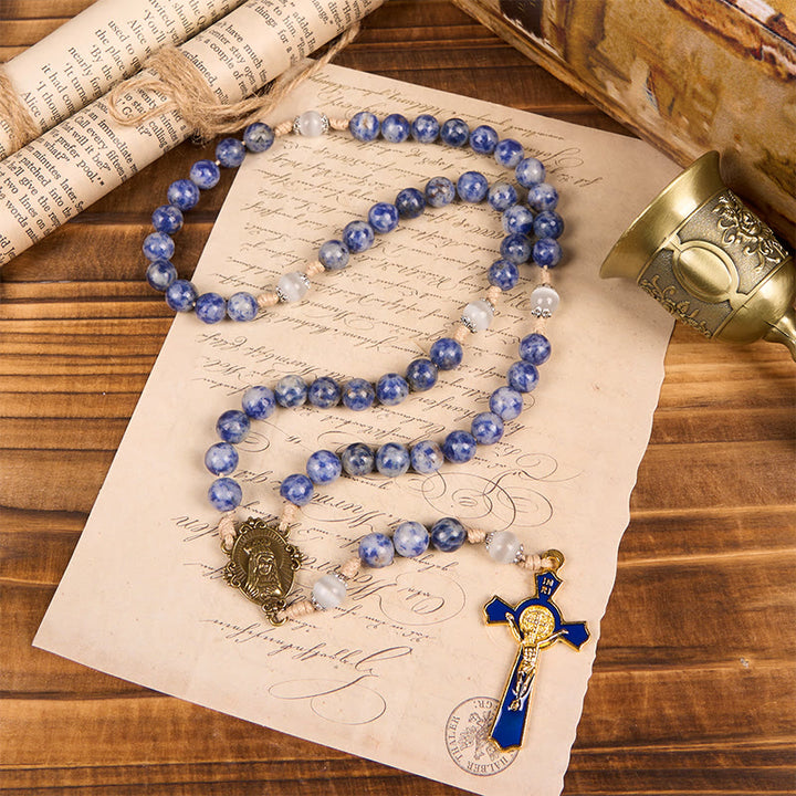 Immaculate Heart of Mary & Crucifix of 8 mm Round Blue Stone Nylon Cord Rosary