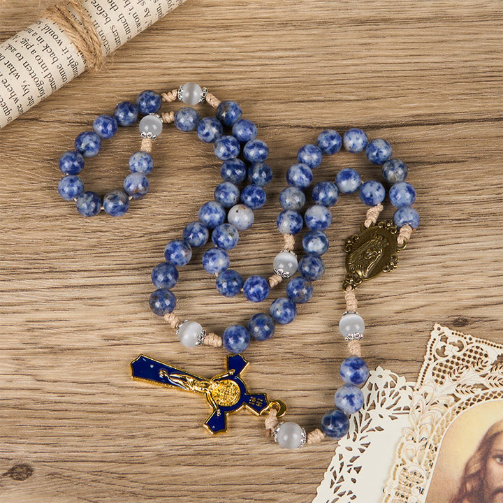 Immaculate Heart of Mary & Crucifix of 8 mm Round Blue Stone Nylon Cord Rosary