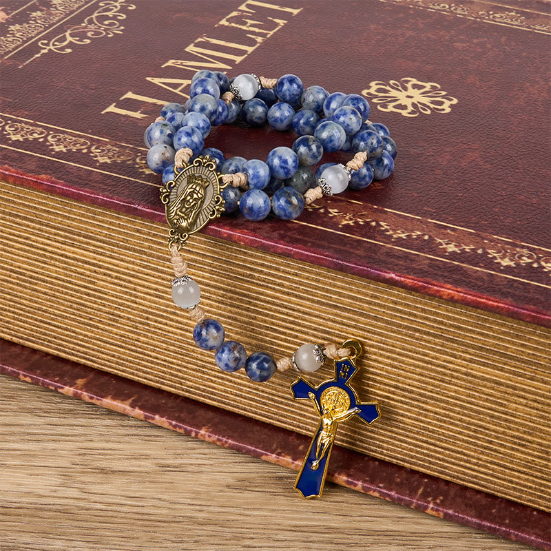 Immaculate Heart of Mary & Crucifix of 8 mm Round Blue Stone Nylon Cord Rosary