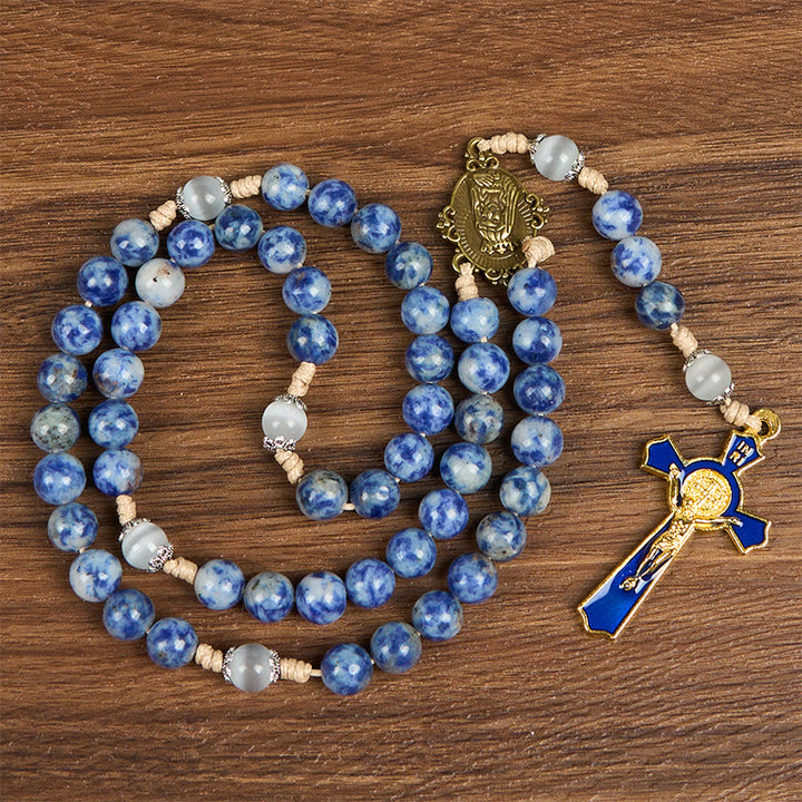 Immaculate Heart of Mary & Crucifix of 8 mm Round Blue Stone Nylon Cord Rosary