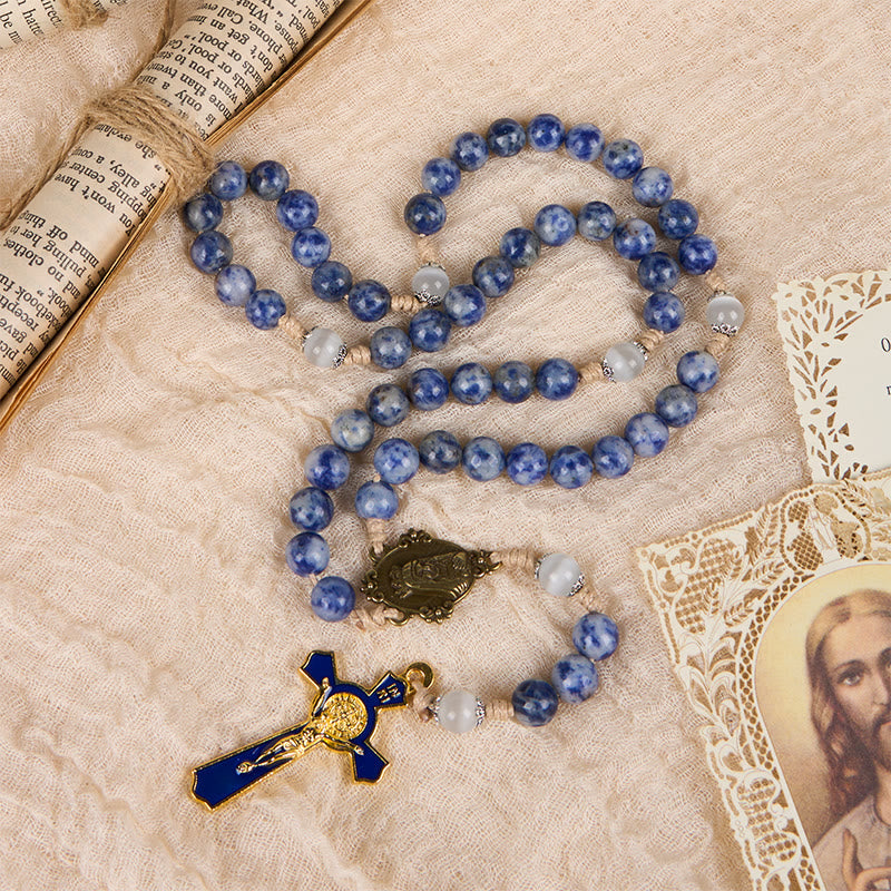 Immaculate Heart of Mary & Crucifix of 8 mm Round Blue Stone Nylon Cord Rosary