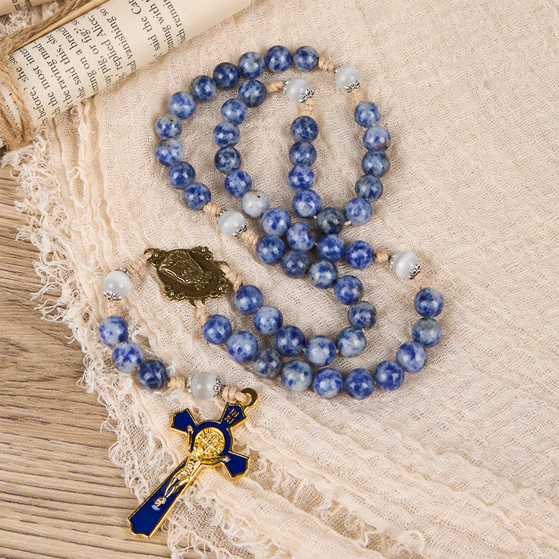 Immaculate Heart of Mary & Crucifix of 8 mm Round Blue Stone Nylon Cord Rosary