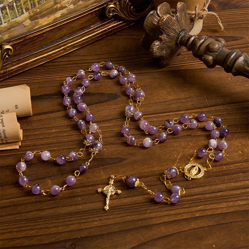 Christianartworkshop Our Lady of Guadalupe & Crucifix of 8mm Round Purple Crystal Rosary