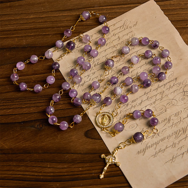 Christianartworkshop Our Lady of Guadalupe & Crucifix of 8mm Round Purple Crystal Rosary