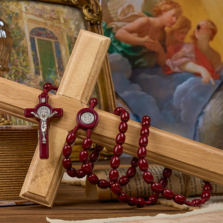 Christianartworkshop St. Benedict & Crucifix of 8*10mm Oval Bead Rosary - Three Timeless Colors