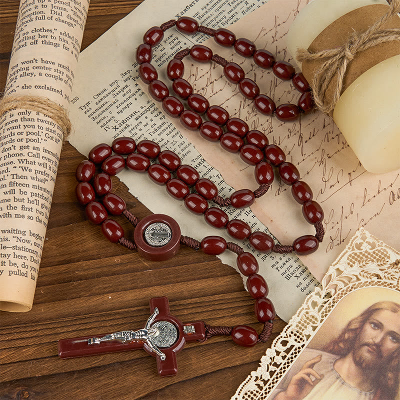 FREE Today: St. Benedict & Crucifix of 8*10mm Oval Bead Rosary - Three Timeless Colors