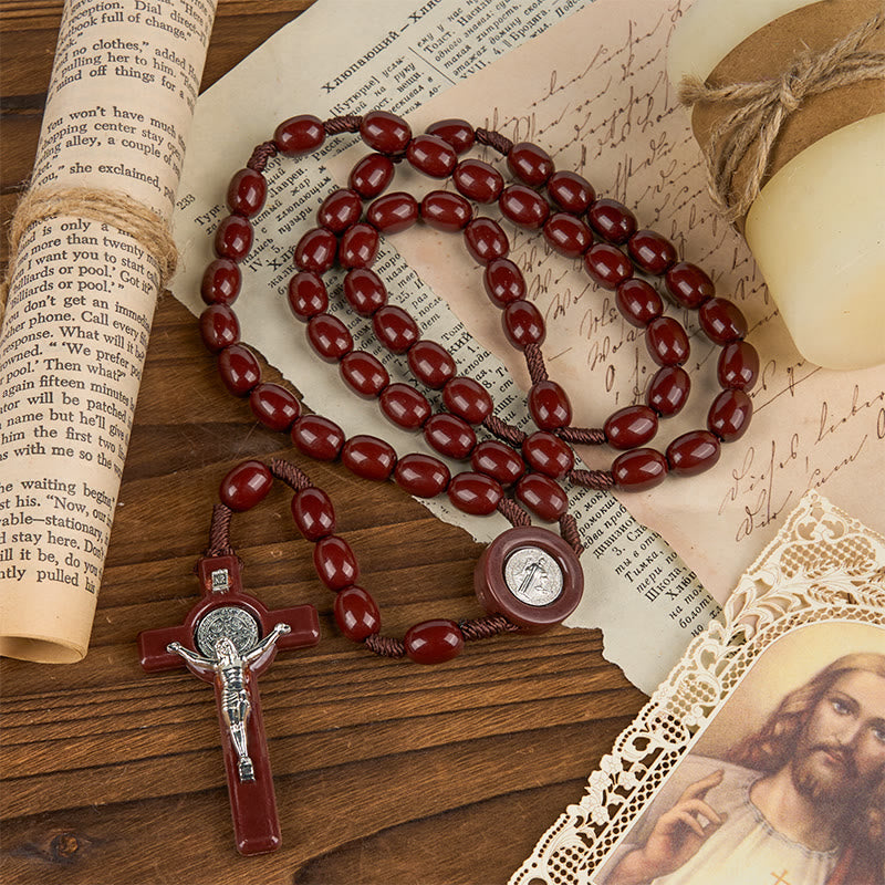 FREE Today: St. Benedict & Crucifix of 8*10mm Oval Bead Rosary - Three Timeless Colors