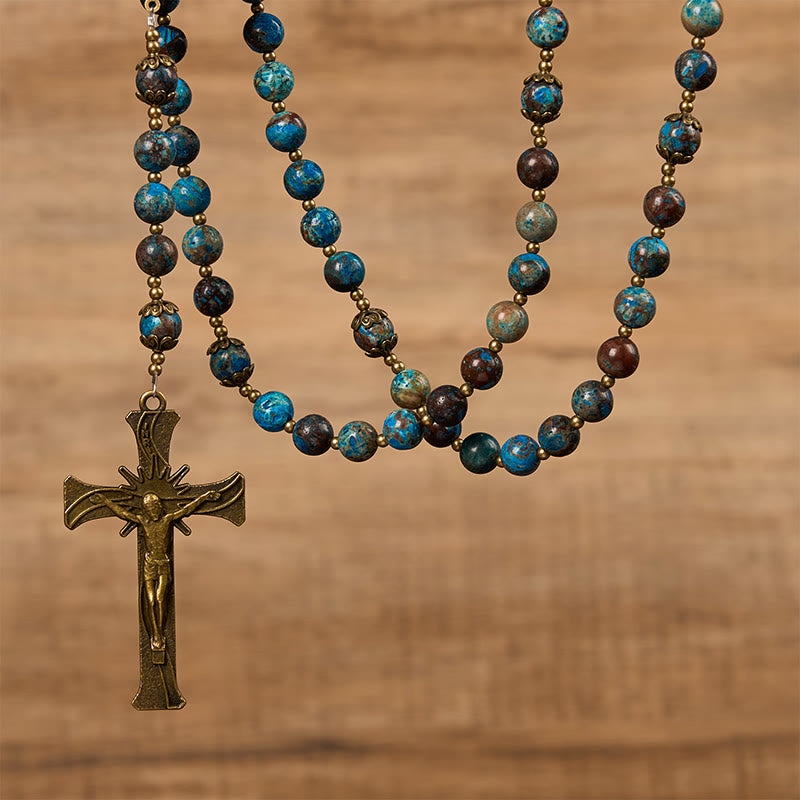 Christianartworkshop Miraculous Medal & Crucifix of 8mm Authentic Larimar Stone Bead Rosary