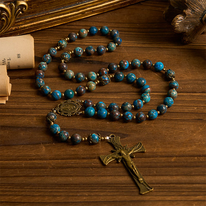 Christianartworkshop Miraculous Medal & Crucifix of 8mm Authentic Larimar Stone Bead Rosary