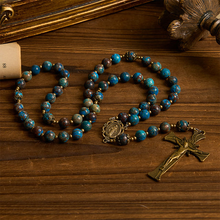 Christianartworkshop Jesus Is The Gift: Blue Pattern Beads Handmade Rosary of Authentic Larimar Stone - image 9