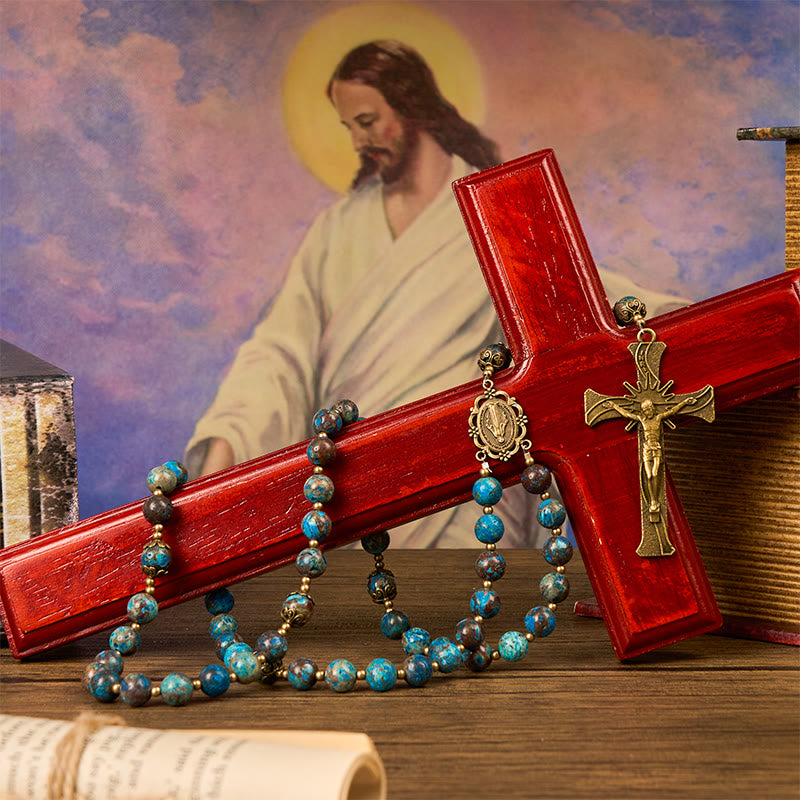 Christianartworkshop PRAYERFUL FAITH: Blue Pattern Beads Handmade Rosary of Authentic Larimar Stone