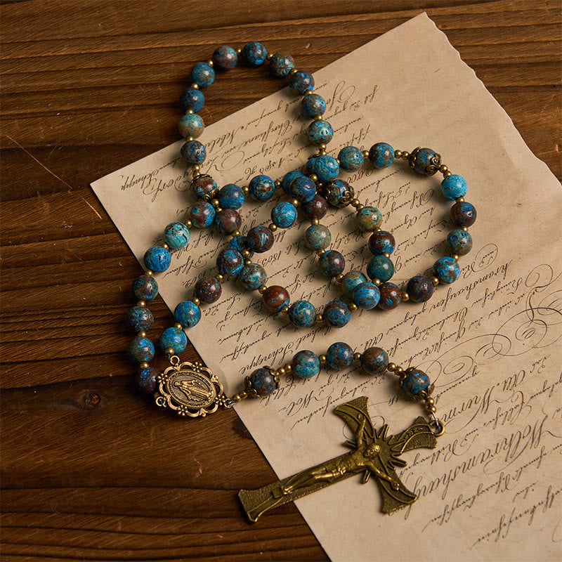 Christianartworkshop PRAYERFUL FAITH: Blue Pattern Beads Handmade Rosary of Authentic Larimar Stone