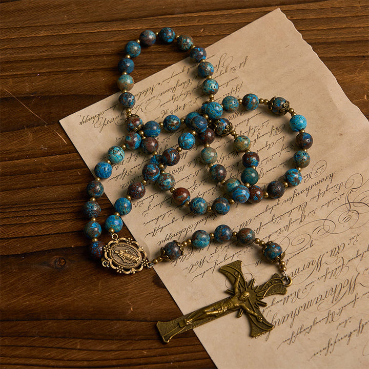 Christianartworkshop Jesus Is The Gift: Blue Pattern Beads Handmade Rosary of Authentic Larimar Stone - image 6