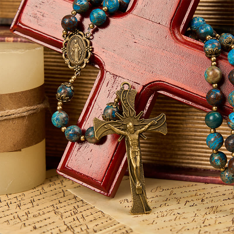 Christianartworkshop Miraculous Medal & Crucifix of 8mm Authentic Larimar Stone Bead Rosary