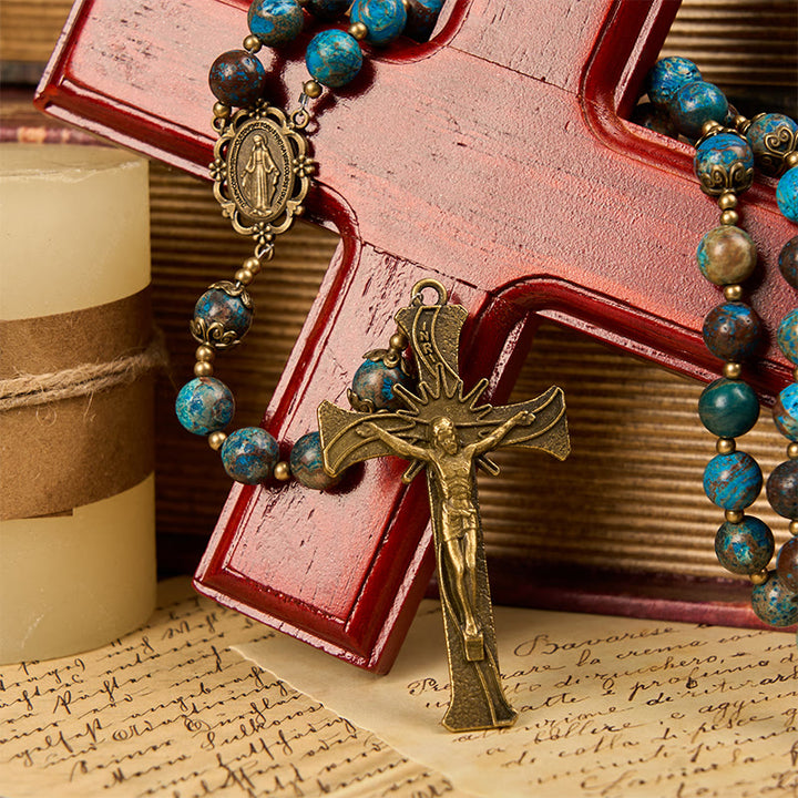 Christianartworkshop Jesus Is The Gift: Blue Pattern Beads Handmade Rosary of Authentic Larimar Stone - image 12