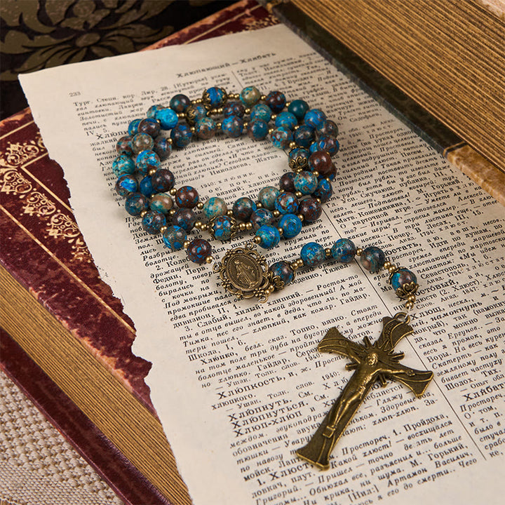 Christianartworkshop Miraculous Medal & Crucifix of 8mm Authentic Larimar Stone Bead Rosary