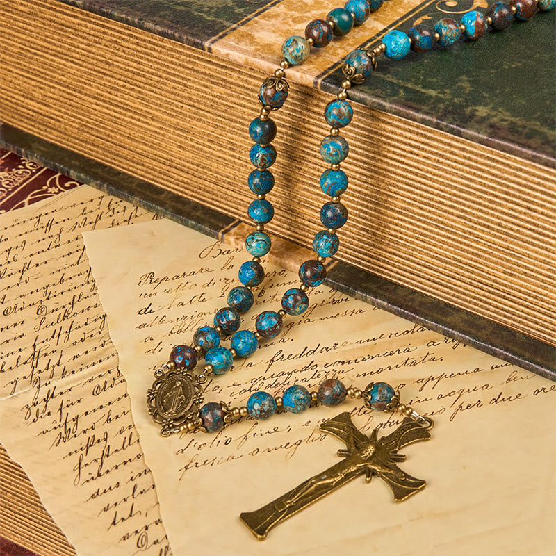 Christianartworkshop Miraculous Medal & Crucifix of 8mm Authentic Larimar Stone Bead Rosary