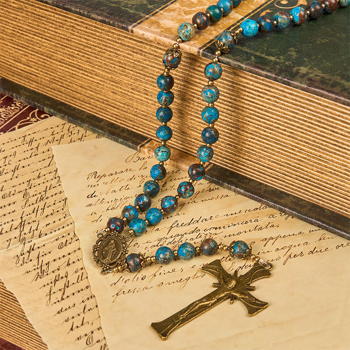 Christianartworkshop Jesus Is The Gift: Blue Pattern Beads Handmade Rosary of Authentic Larimar Stone - image 14