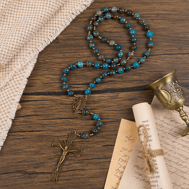 Christianartworkshop Jesus Is The Gift: Blue Pattern Beads Handmade Rosary of Authentic Larimar Stone - image 7