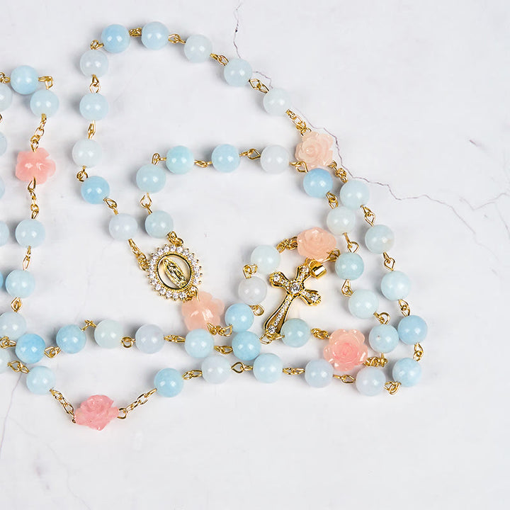 Christianartworkshop Our Lady of Guadalupe & Crucifix of 8mm Blue Aquamarine Chalcedony Beads Rosary