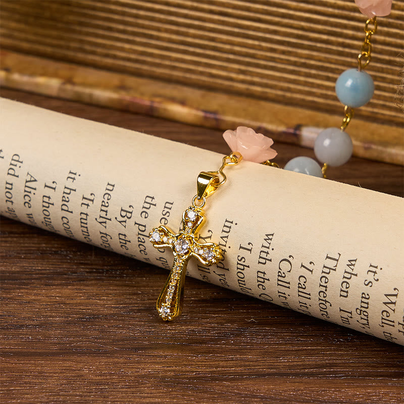 Christianartworkshop Our Lady of Guadalupe & Crucifix of 8mm Handmade Blue Aquamarine Chalcedony Beads Rosary - image 7