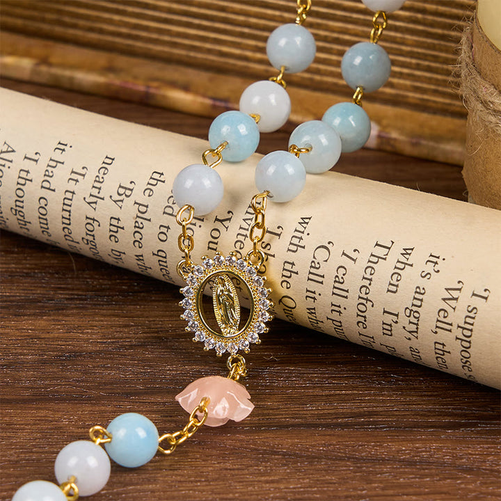 Christianartworkshop Our Lady of Guadalupe & Crucifix of 8mm Blue Aquamarine Chalcedony Beads Rosary