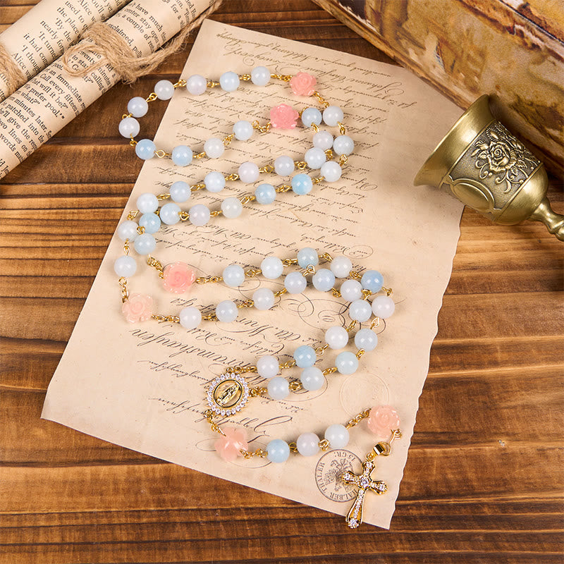 Christianartworkshop Our Lady of Guadalupe & Crucifix of 8mm Handmade Blue Aquamarine Chalcedony Beads Rosary - image 9