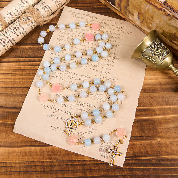 Christianartworkshop Our Lady of Guadalupe & Crucifix of 8mm Handmade Blue Aquamarine Chalcedony Beads Rosary - image 9