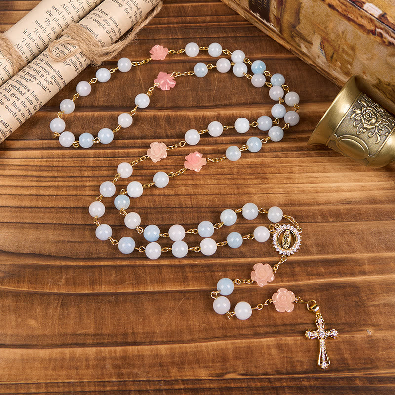 Christianartworkshop Our Lady of Guadalupe & Crucifix of 8mm Blue Aquamarine Chalcedony Beads Rosary